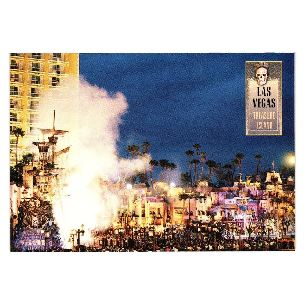 Treasure Island Pirate Show Vintage Postcard Evening Casino Lights Vacation NV